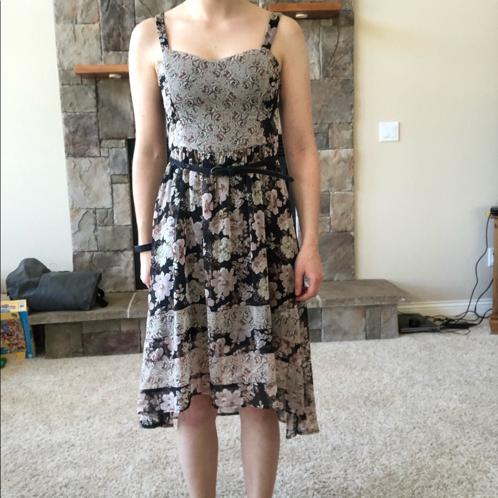 Black and Tan Floral Print High-Low Dress